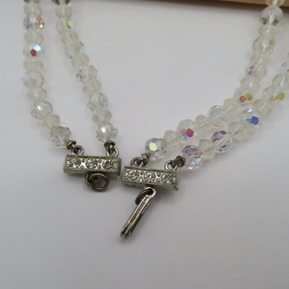 Vintage Aurora Borealis AB Faceted Crystal Double Strand Choker Style Necklace - Picture 9 of 13